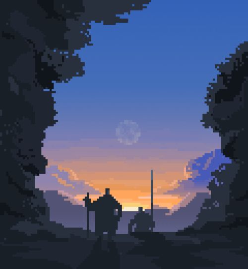 Пиксельная картинка двух воинов на закате.