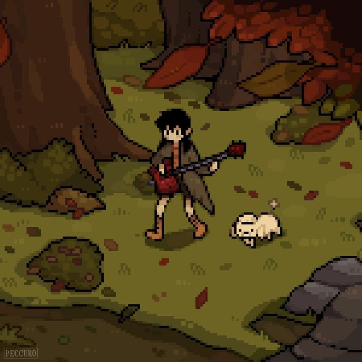 Пиксельная картинка бродящего по лесу вампира с собачкой.